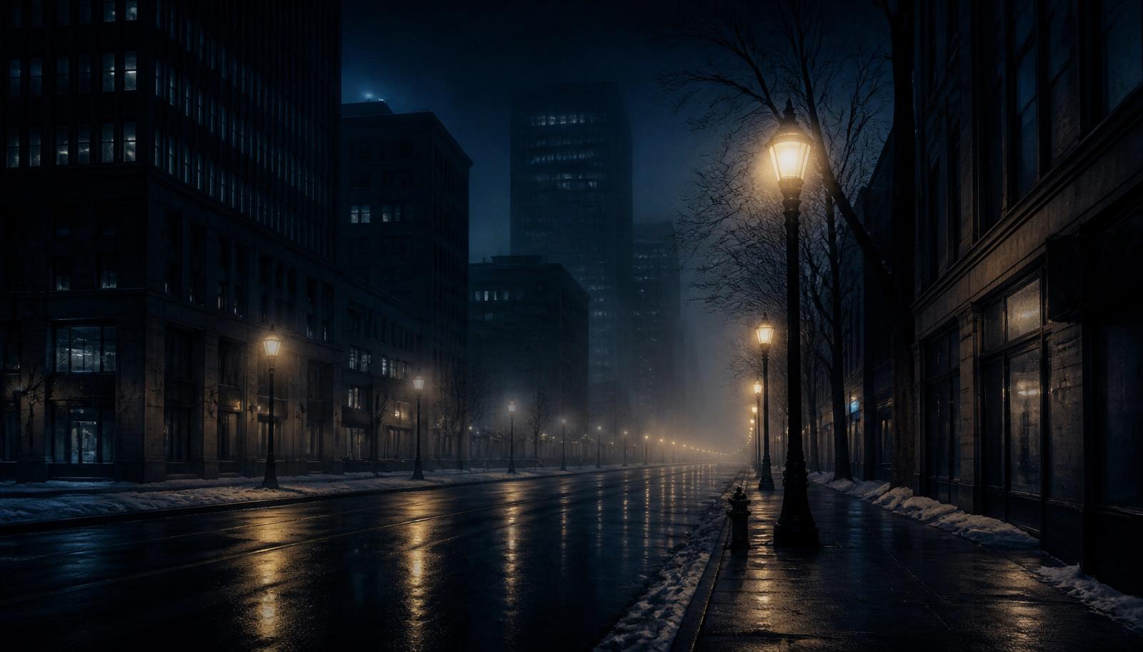 Quiet downtown Regina street at night under streetlights