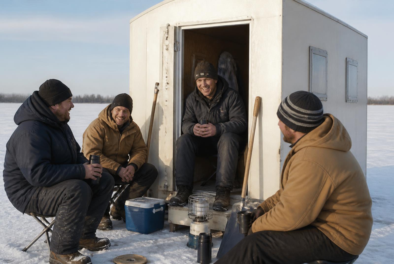 Friends gathered outside an ice fishing shelter in Saskatchewan