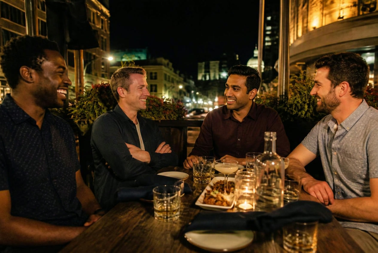 Friends sharing food and conversation on a downtown patio