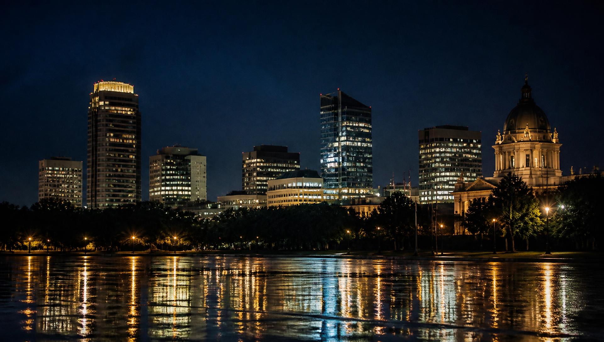 Downtown Regina skyline reflected in water on a clear evening