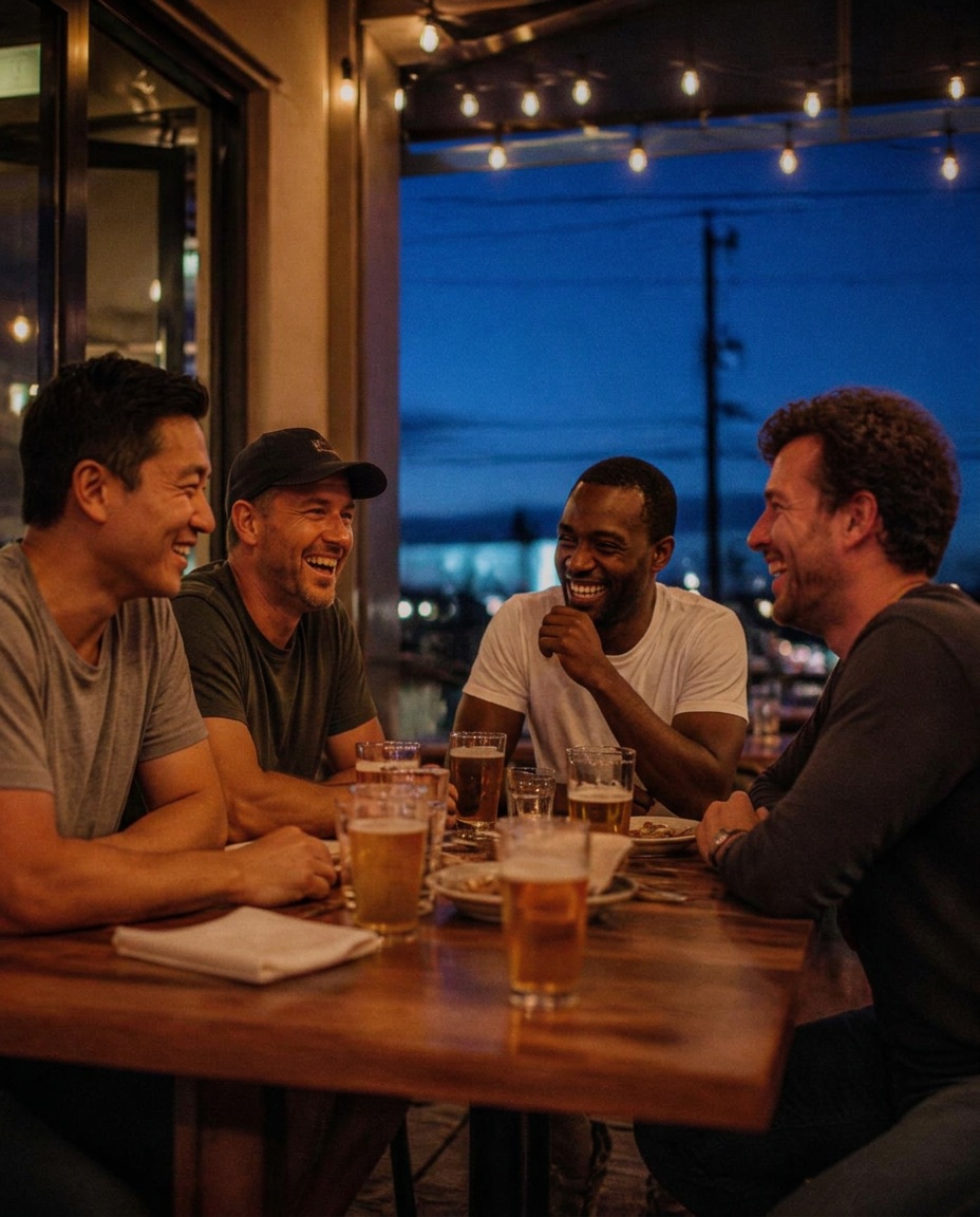 A group of men laughing together on a Regina restaurant patio at dusk